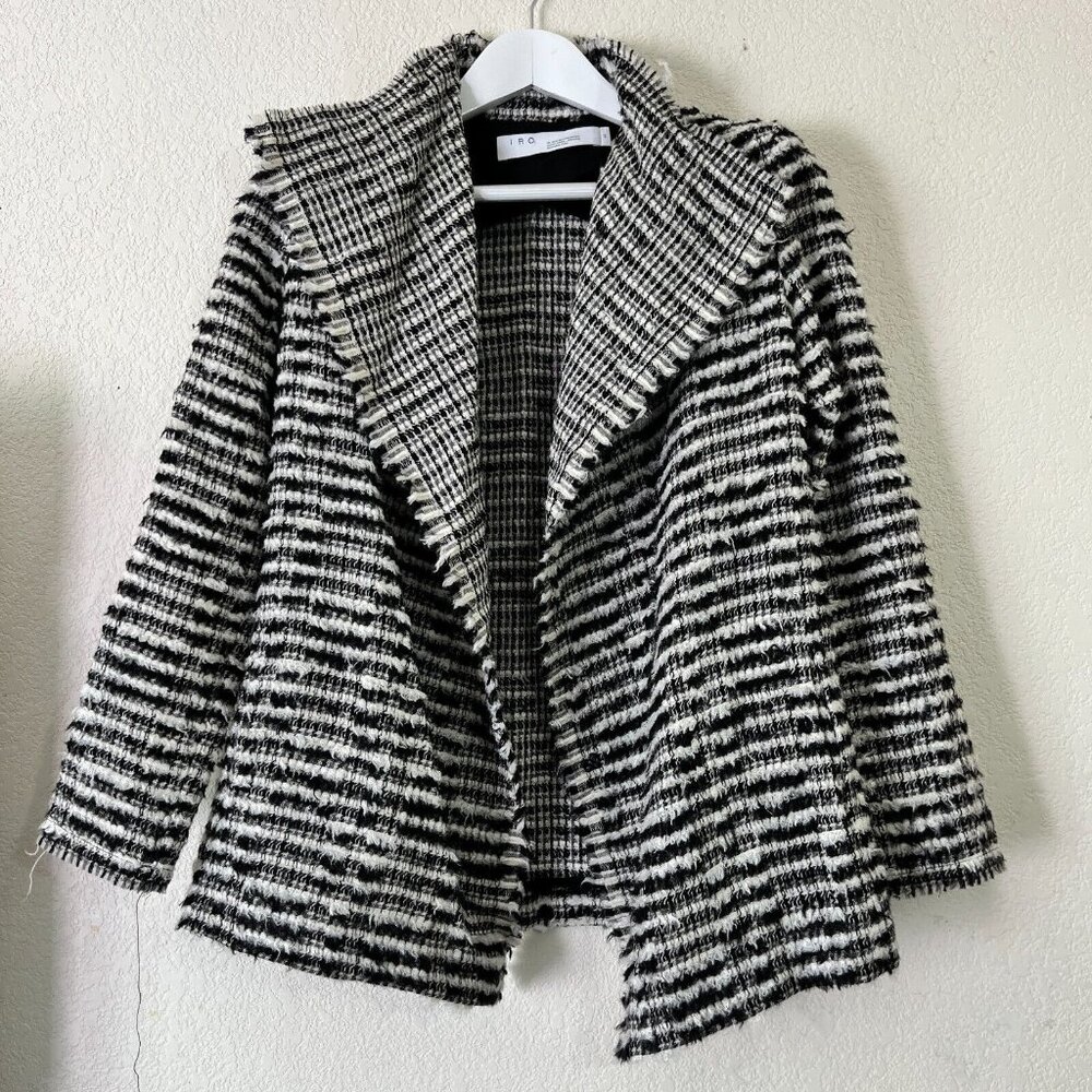 IRO Luna Textured Black and White Wrap Jacket Womens Size 40 Raw Trim Wool Blend